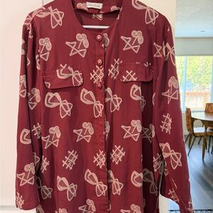 Women’s Large Sheer Maroon Long sleeve button up blouse